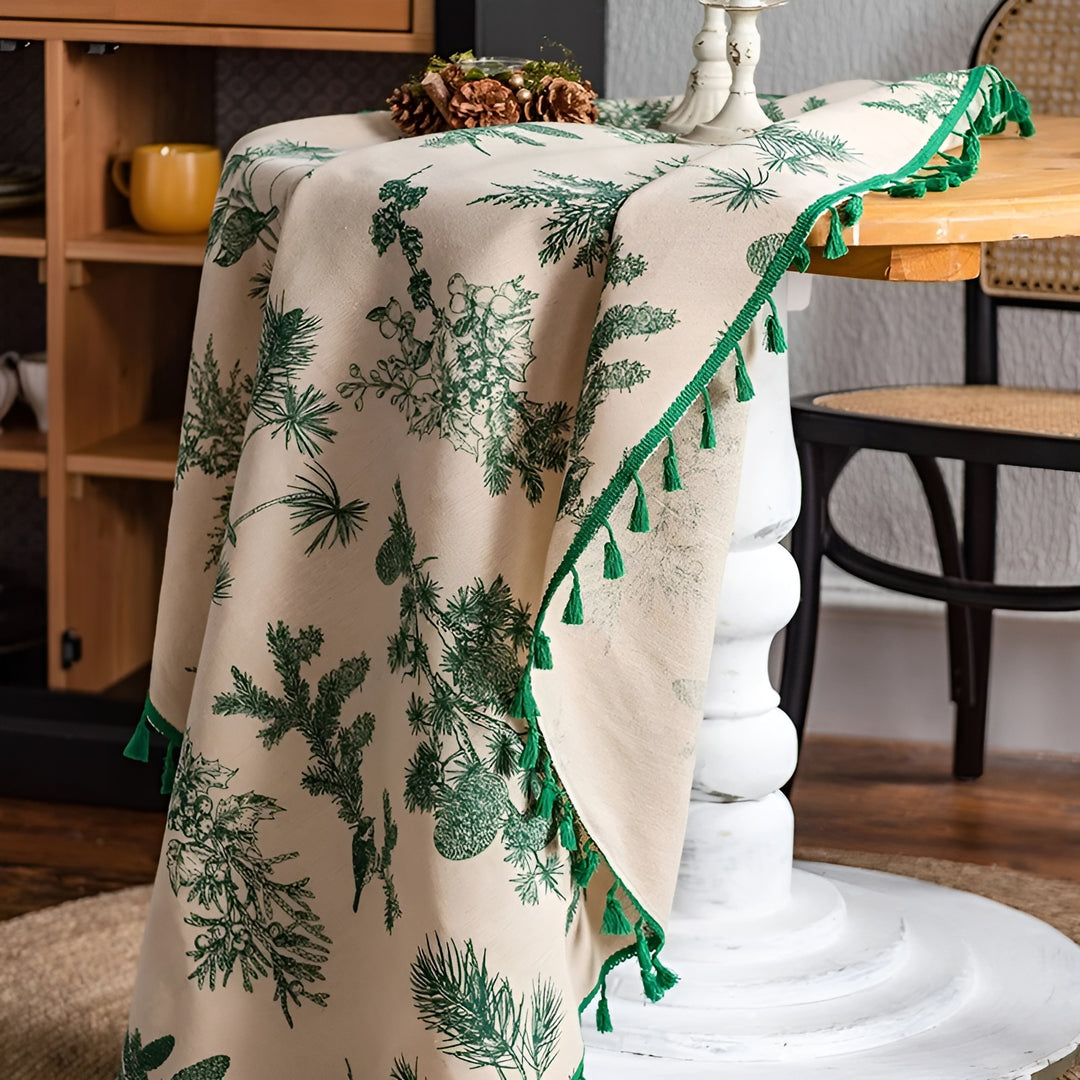 Vintage Print Tablecloth with Tassel Trim - Cotton Linen Table Cover