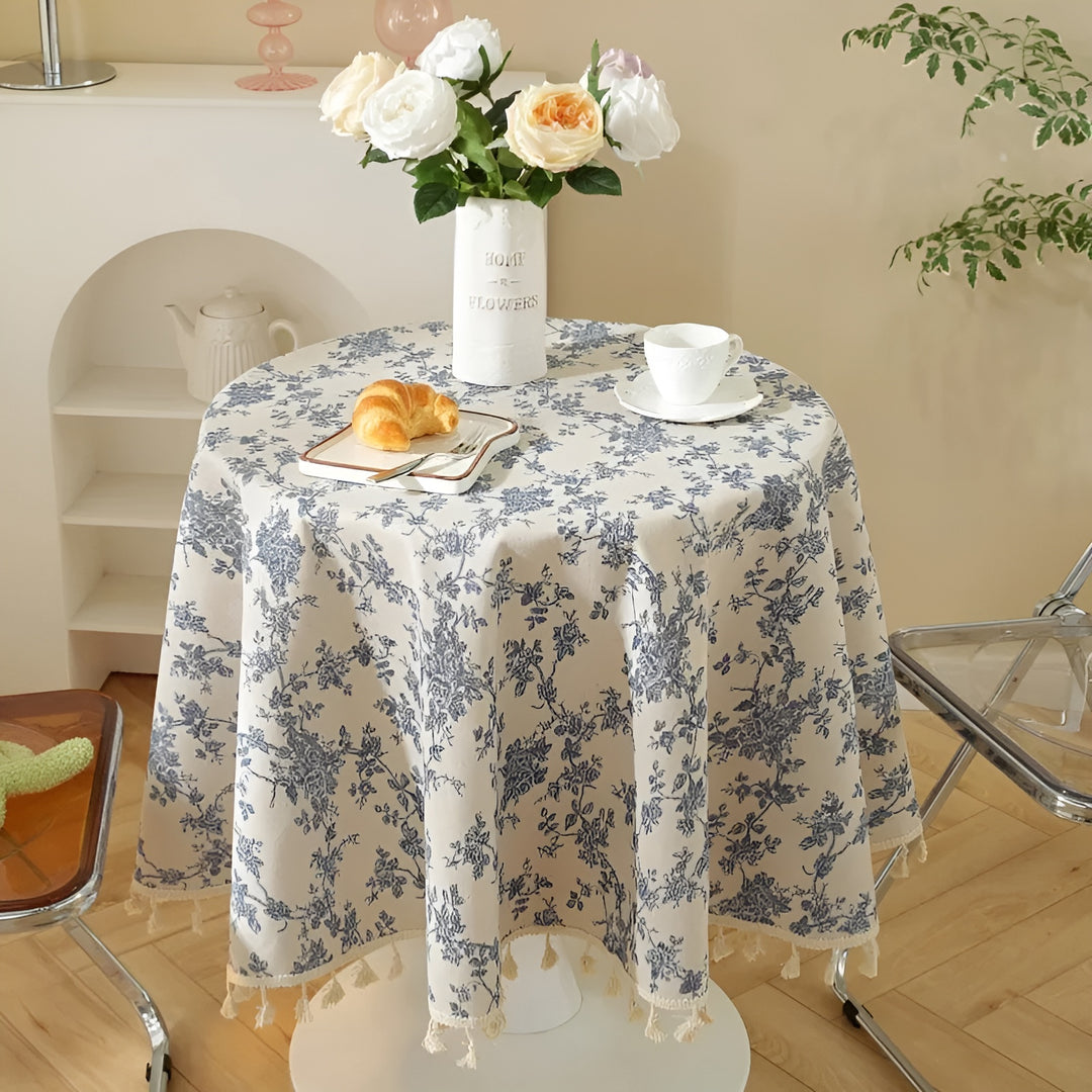 Vintage Print Tablecloth with Tassel Trim - Cotton Linen Table Cover