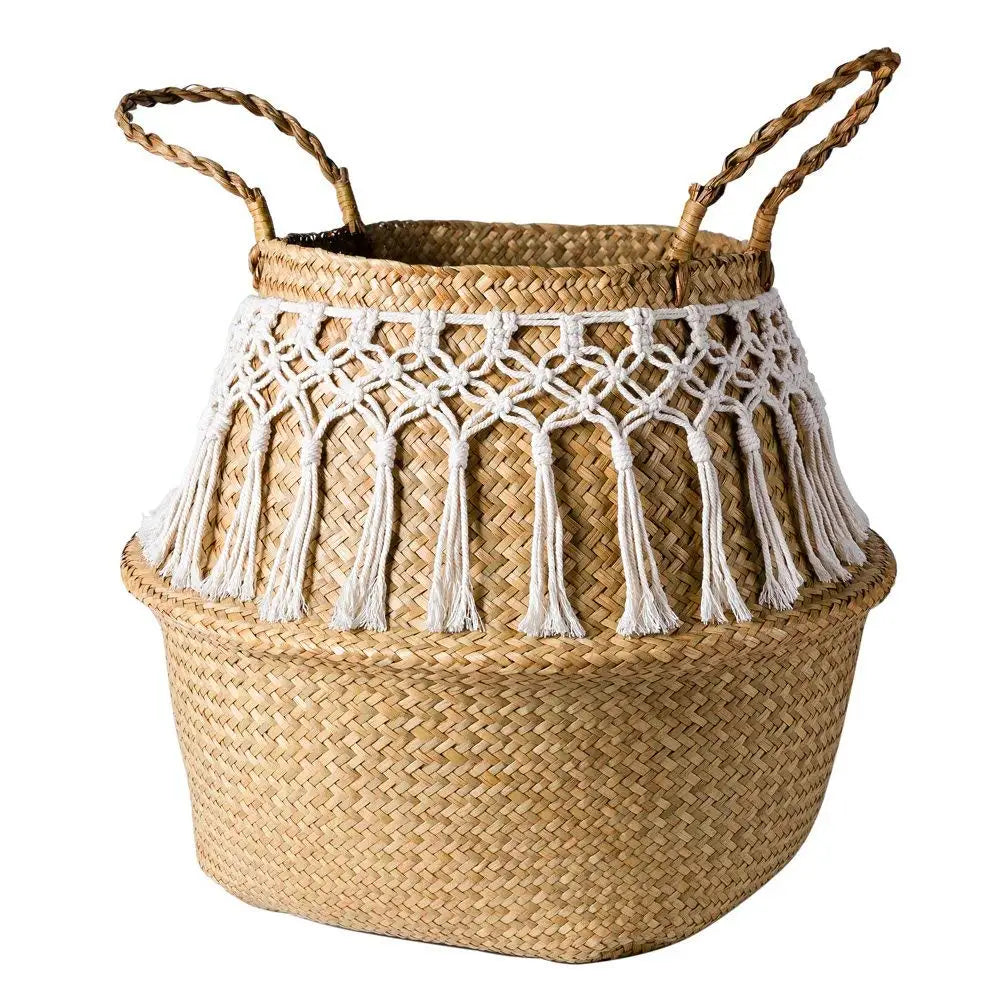 Boho Fringe Seagrass Storage Basket – Woven Planter & Home Organizer with Handles