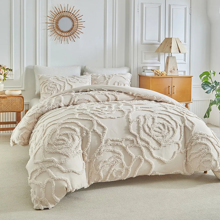 Rosette Tufted Duvet Cover Set – 3D Floral Jacquard Bedding Collection