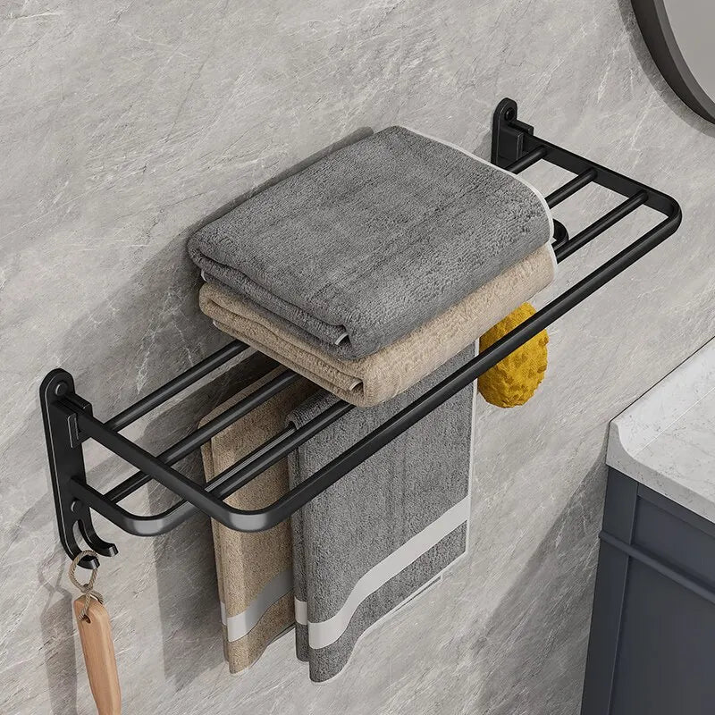 Linea Matte Black Aluminum Towel Rack with Shelf & Hooks