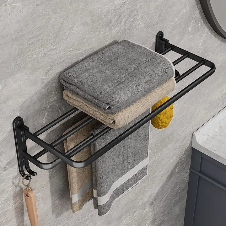 Linea Matte Black Aluminum Towel Rack with Shelf & Hooks