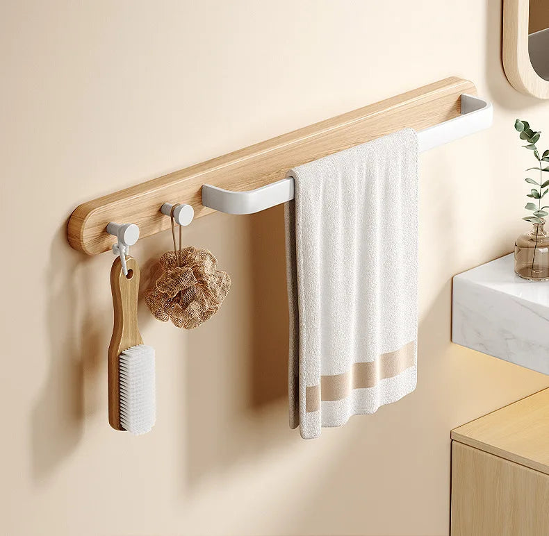 Leno Wooden Towel Rail with Hooks – Modern Utility Bathroom Bar