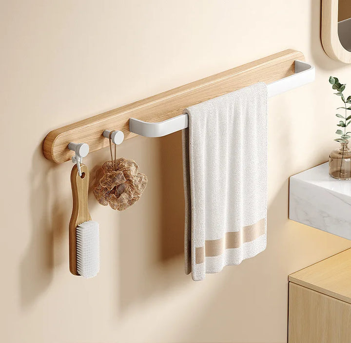 Leno Wooden Towel Rail with Hooks – Modern Utility Bathroom Bar