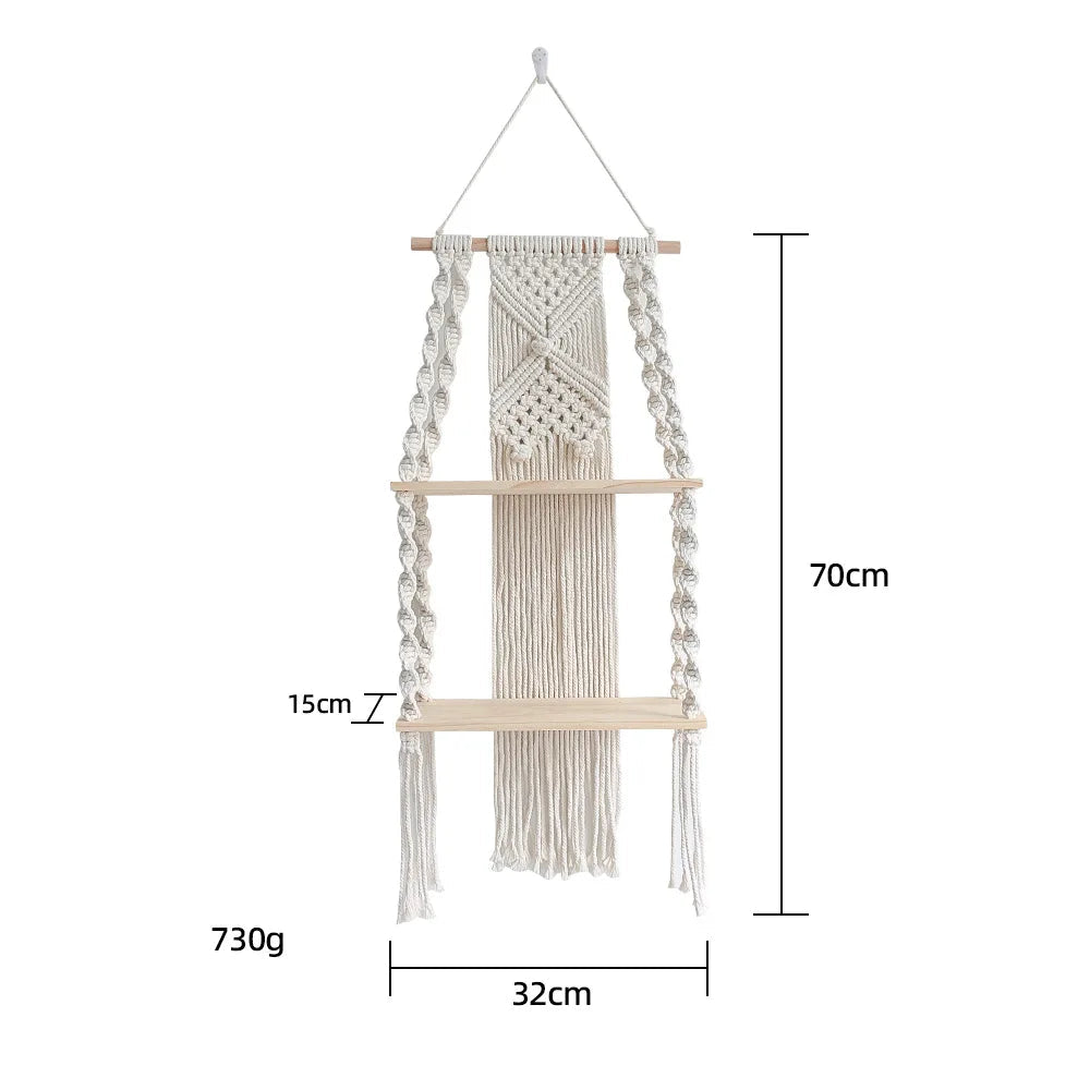 Sage & Twine Hanging Shelf – Boho Macrame Wall Shelf with Wood Tiers