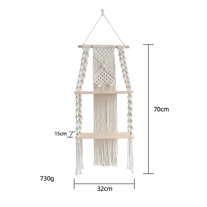 Sage & Twine Hanging Shelf – Boho Macrame Wall Shelf with Wood Tiers