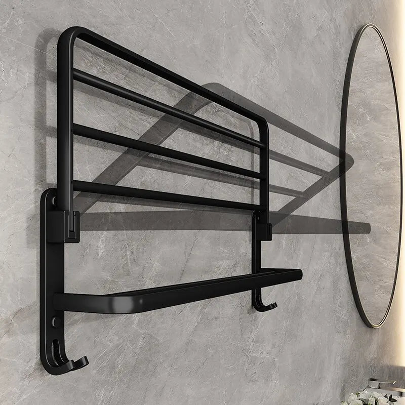Linea Matte Black Aluminum Towel Rack with Shelf & Hooks