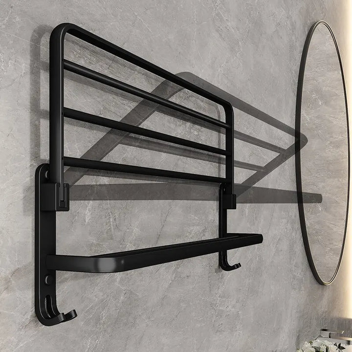 Linea Matte Black Aluminum Towel Rack with Shelf & Hooks