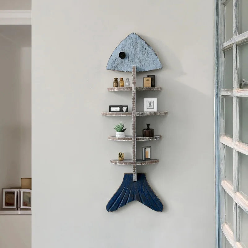 Fish Wall Rack Coastal Fishbone Wooden Wall Shelf – Nautical Display Rack with Compar ...