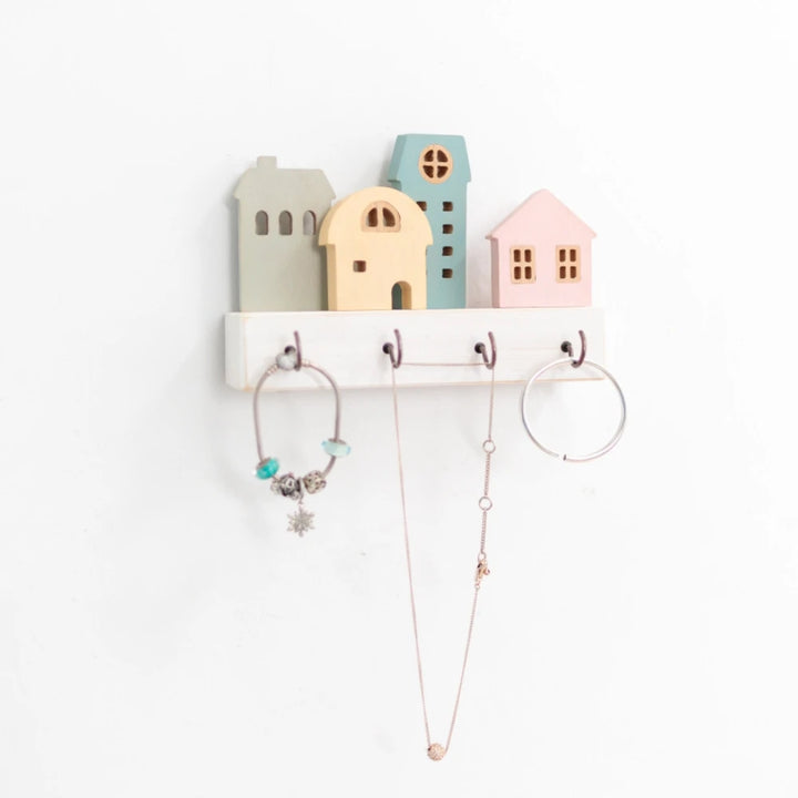 Home Village Wooden Key Holder – Decorative Wall Organizer with Shelves & Hooks