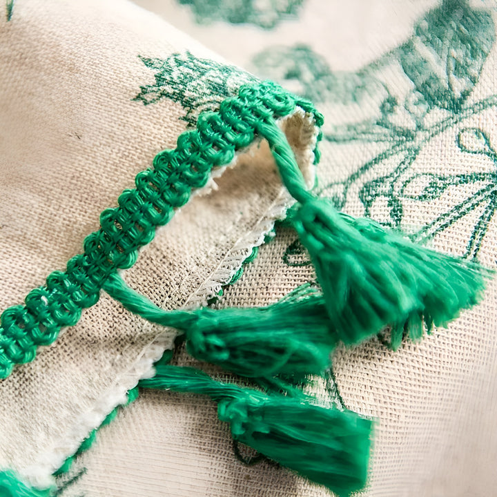 Vintage Print Tablecloth with Tassel Trim - Cotton Linen Table Cover