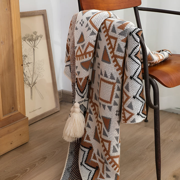 Soft Knit Throw Blanket - Boho-Style Cover With Ivory Tassels