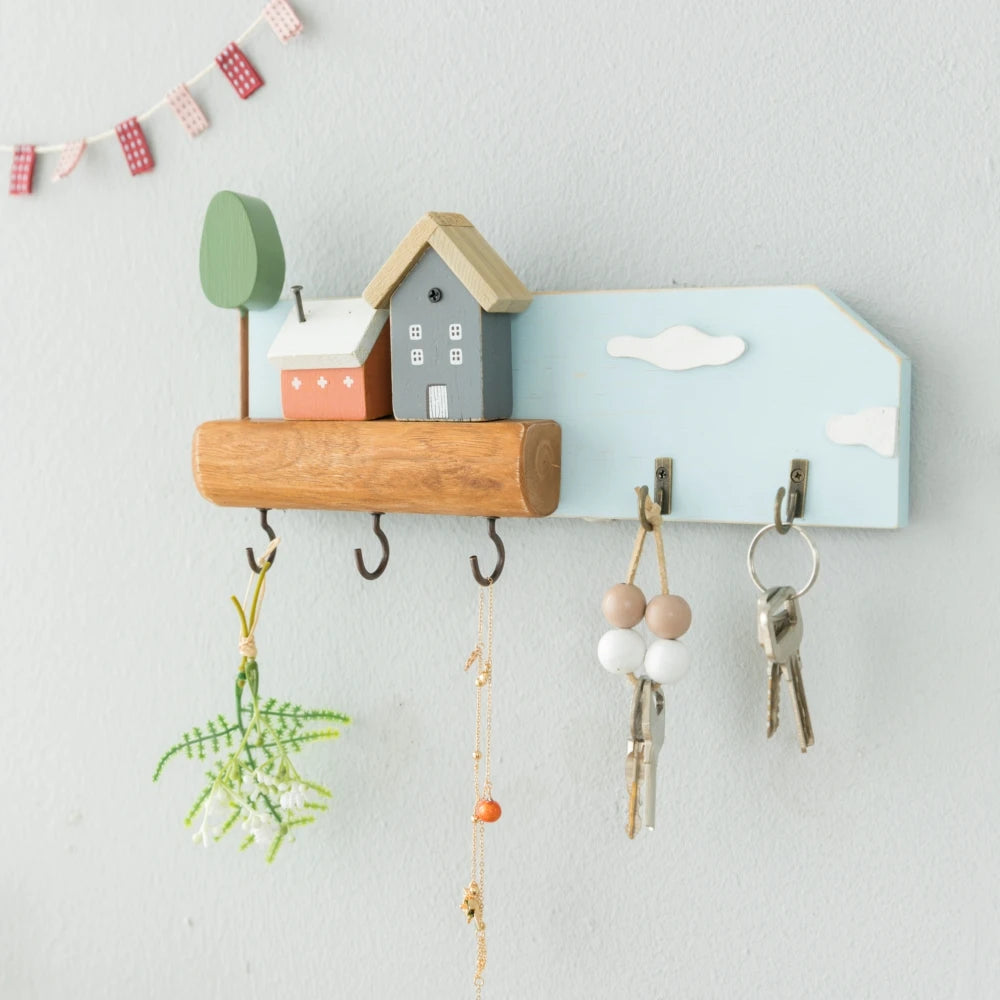 Home Village Wooden Key Holder – Decorative Wall Organizer with Shelves & Hooks