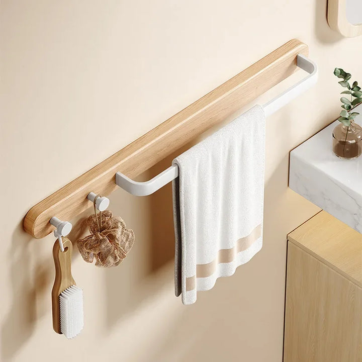Leno Wooden Towel Rail with Hooks – Modern Utility Bathroom Bar