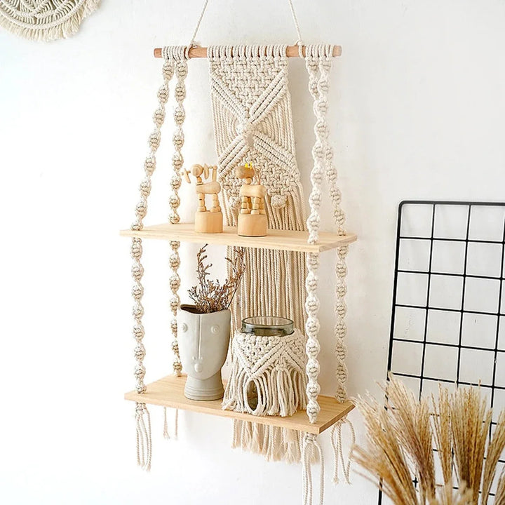 Sage & Twine Hanging Shelf – Boho Macrame Wall Shelf with Wood Tiers