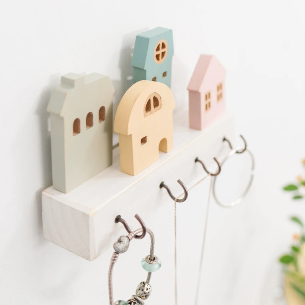 Home Village Wooden Key Holder – Decorative Wall Organizer with Shelves & Hooks