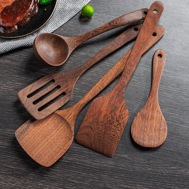 Rustic Cedar Kitchen 6-Piece Wooden Cooking Utensil Set | Natural Cooking Set