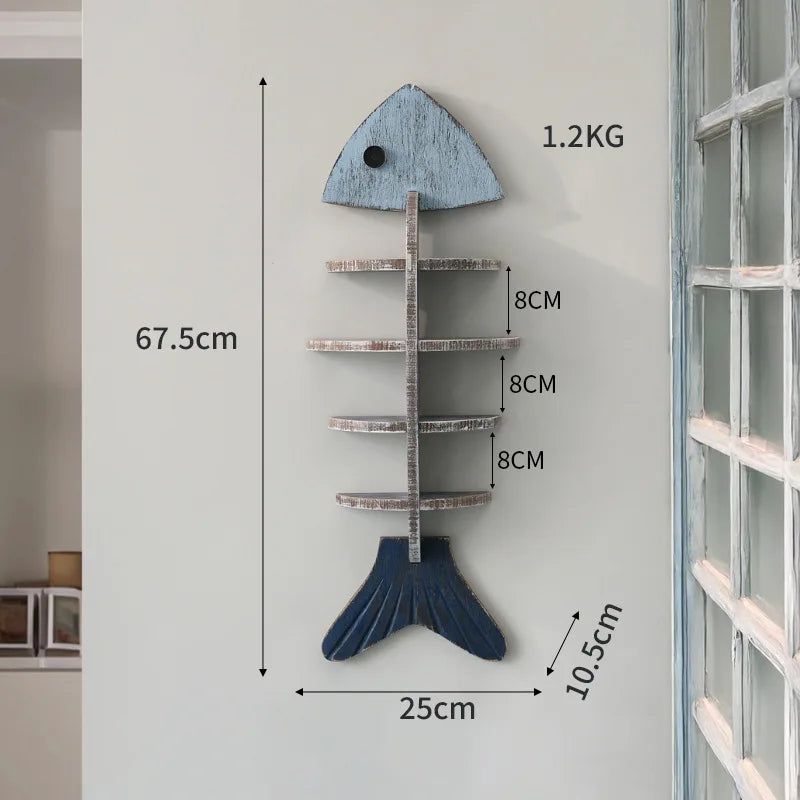 Fish Wall Rack Coastal Fishbone Wooden Wall Shelf – Nautical Display Rack with Compar ...