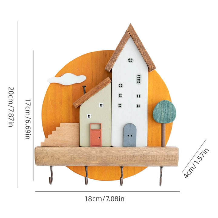 Home Village Wooden Key Holder – Decorative Wall Organizer with Shelves & Hooks