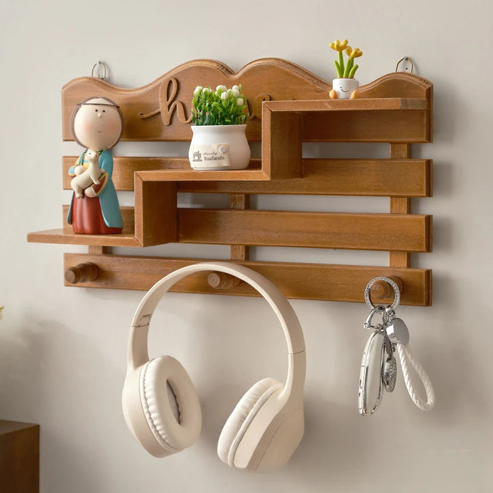 Home Script Wooden Wall Shelf with Hooks – Decorative Entryway Organizer & Display Rack