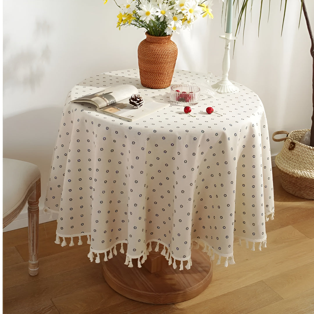 Vintage Print Tablecloth with Tassel Trim - Cotton Linen Table Cover