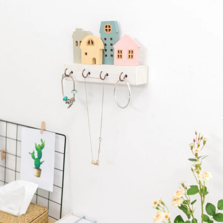 Home Village Wooden Key Holder – Decorative Wall Organizer with Shelves & Hooks