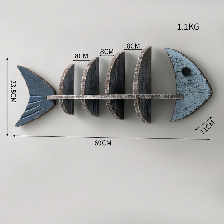 Coastal Fishbone Wooden Wall Shelf – Nautical Display Rack with Compartments