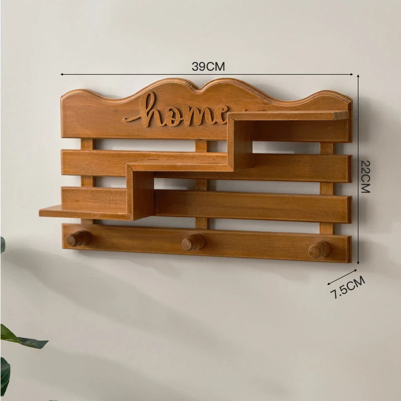 Home Script Wooden Wall Shelf with Hooks – Decorative Entryway Organizer & Display Rack