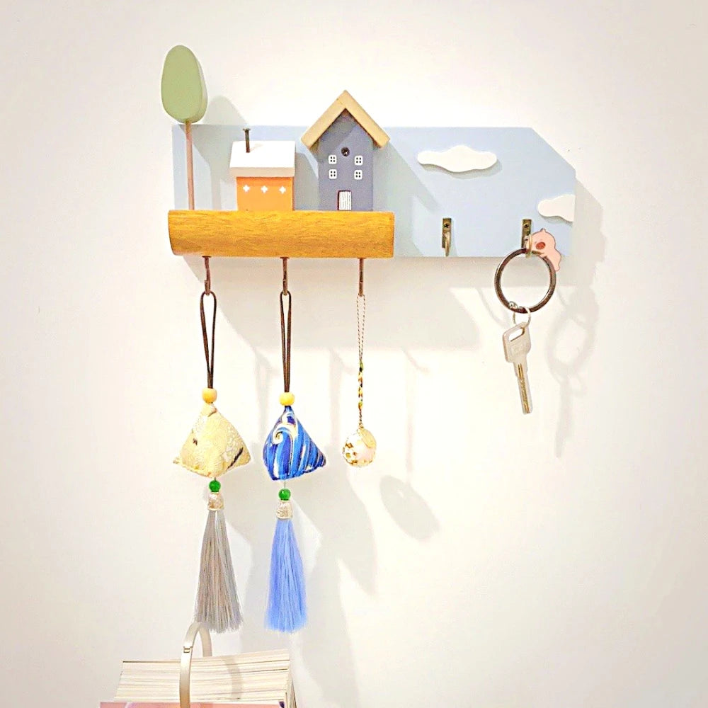 Home Village Wooden Key Holder – Decorative Wall Organizer with Shelves & Hooks
