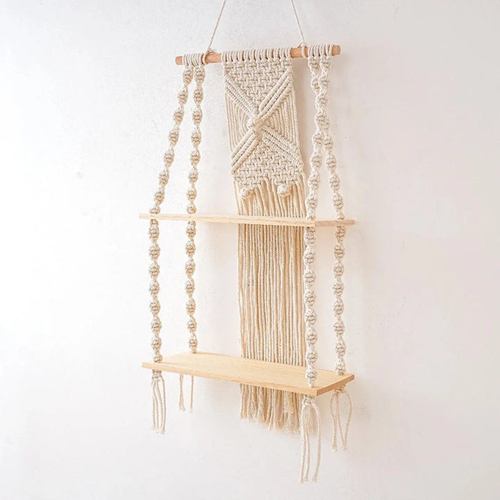 Sage & Twine Hanging Shelf – Boho Macrame Wall Shelf with Wood Tiers