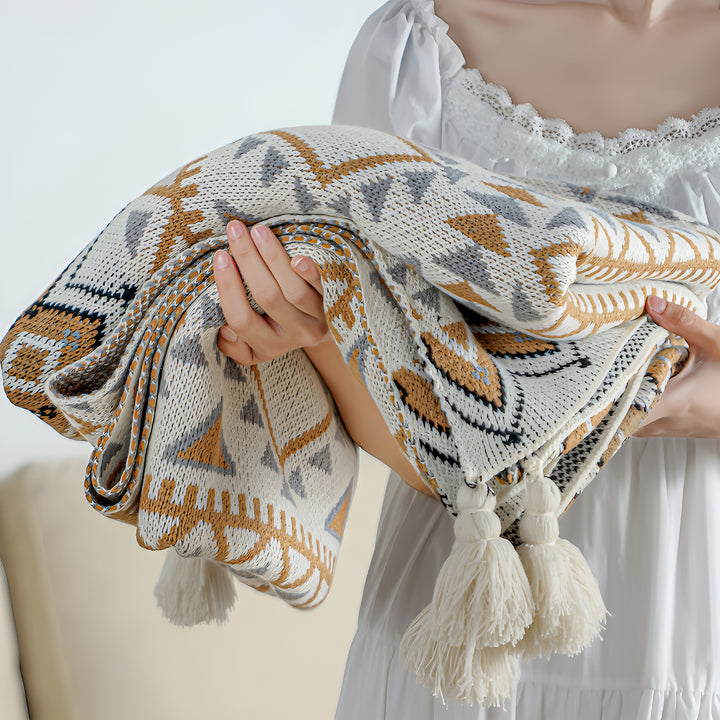 Soft Knit Throw Blanket - Boho-Style Cover With Ivory Tassels