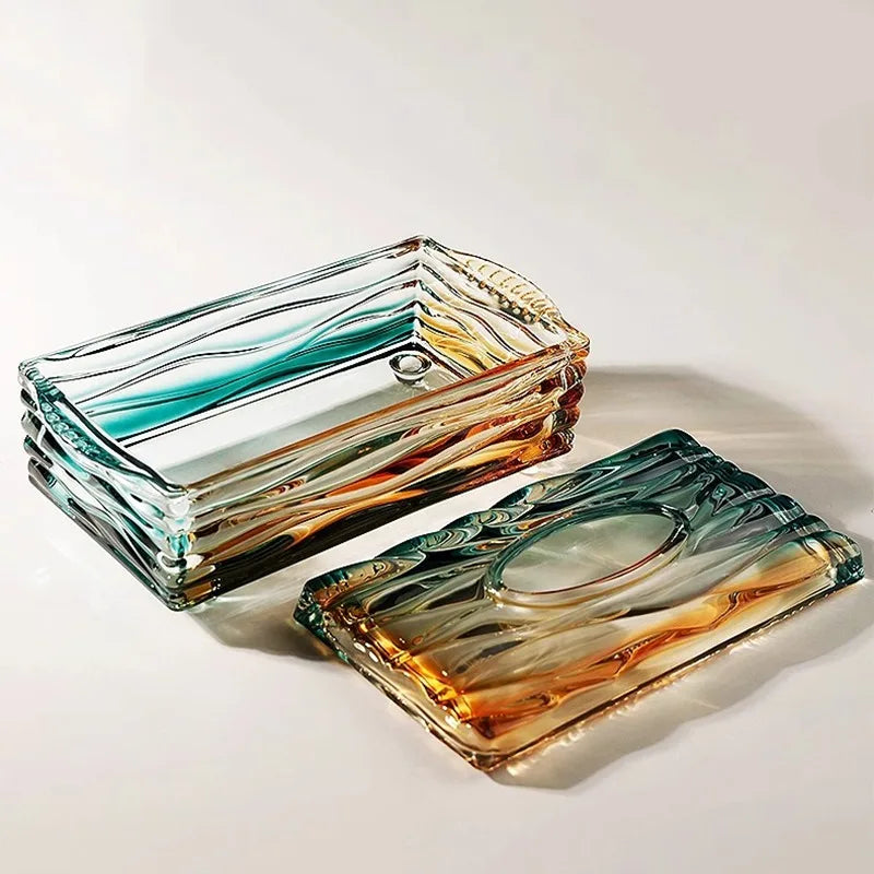 Aurora Glass Tissue Box – Sculpted Rectangular Cover with Layered Glass Finish