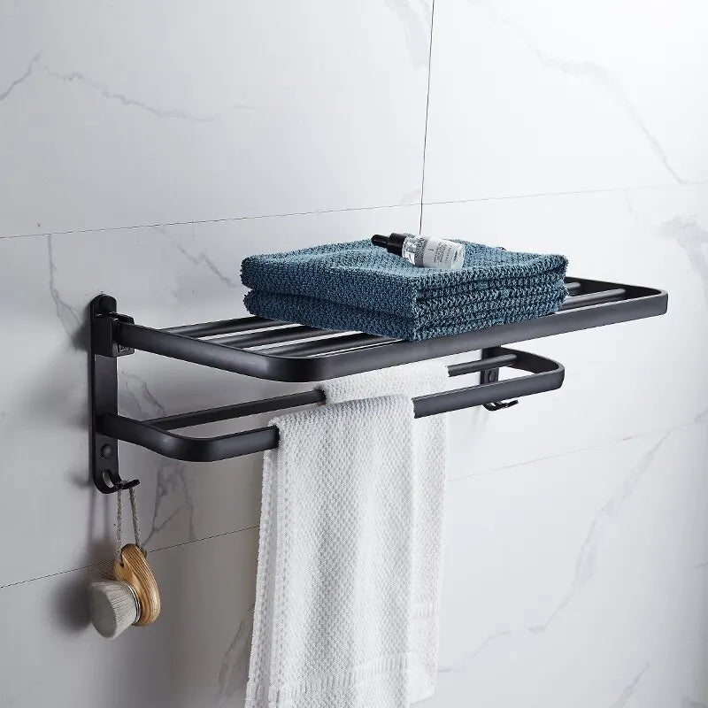 Linea Matte Black Aluminum Towel Rack with Shelf & Hooks
