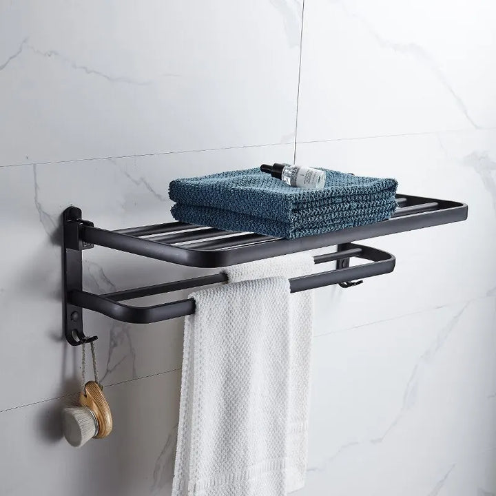 Linea Matte Black Aluminum Towel Rack with Shelf & Hooks