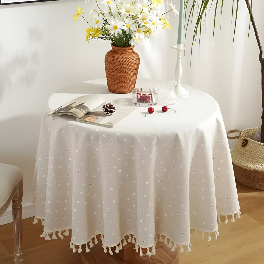 Vintage Print Tablecloth with Tassel Trim - Cotton Linen Table Cover