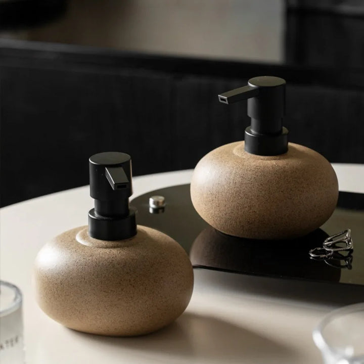 Round Stone Ceramic Dispenser Set of 2 | Nordic Soap, Shampoo & Lotion Bottle