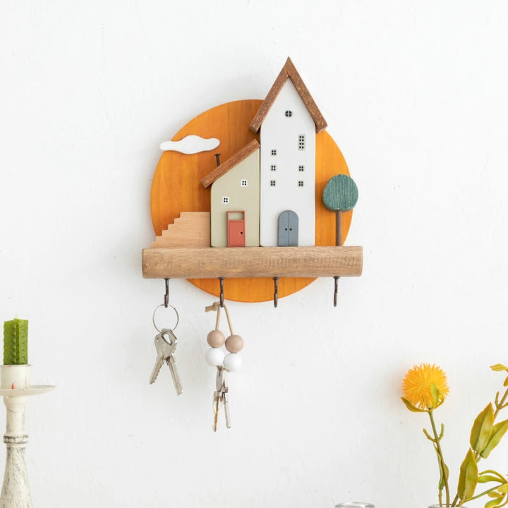 Home Village Wooden Key Holder – Decorative Wall Organizer with Shelves & Hooks