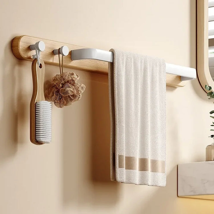 Leno Wooden Towel Rail with Hooks – Modern Utility Bathroom Bar