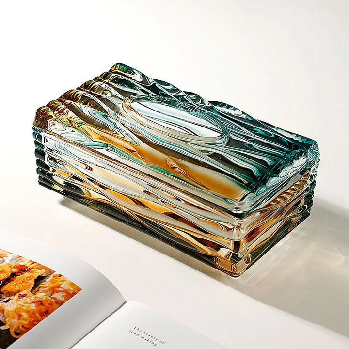 Aurora Glass Tissue Box – Sculpted Rectangular Cover with Layered Glass Finish