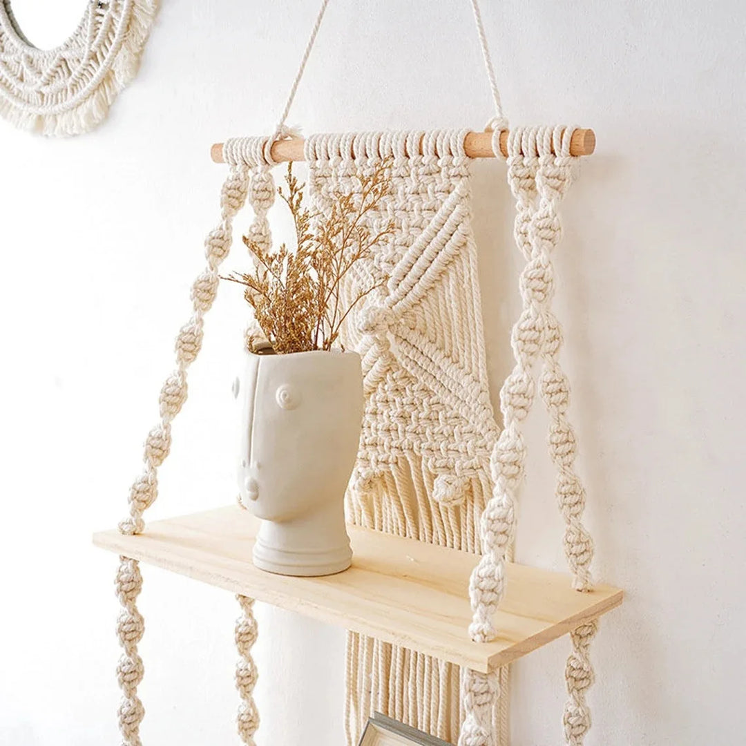 Sage & Twine Hanging Shelf – Boho Macrame Wall Shelf with Wood Tiers