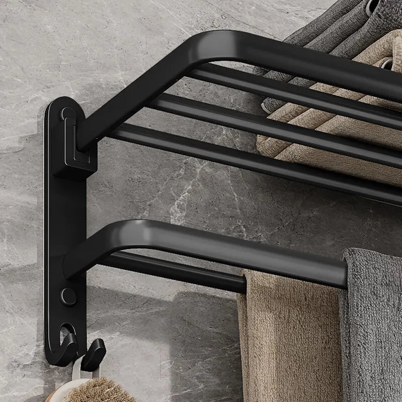 Linea Matte Black Aluminum Towel Rack with Shelf & Hooks
