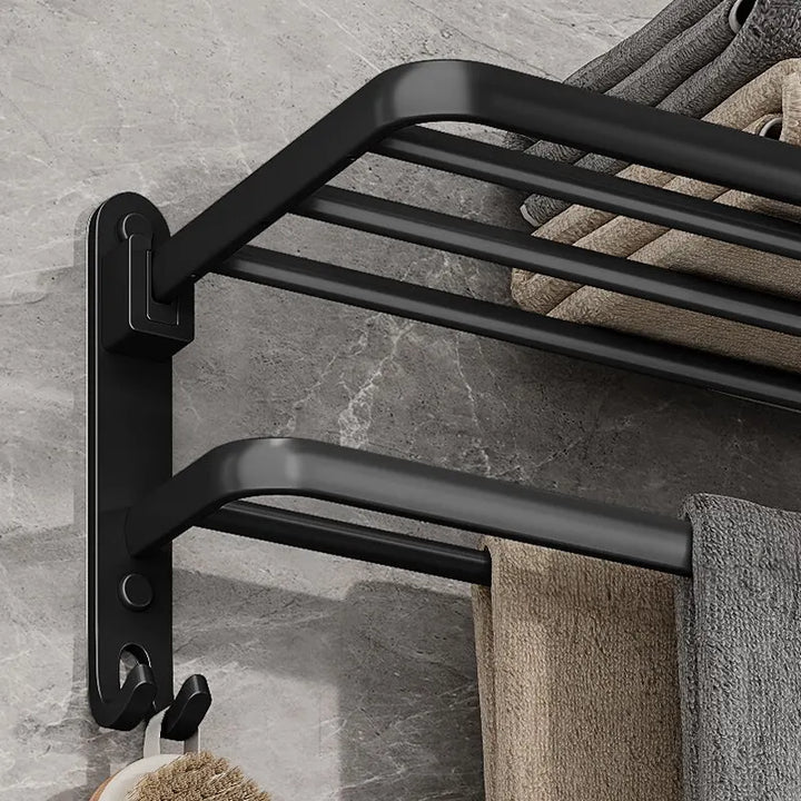 Linea Matte Black Aluminum Towel Rack with Shelf & Hooks