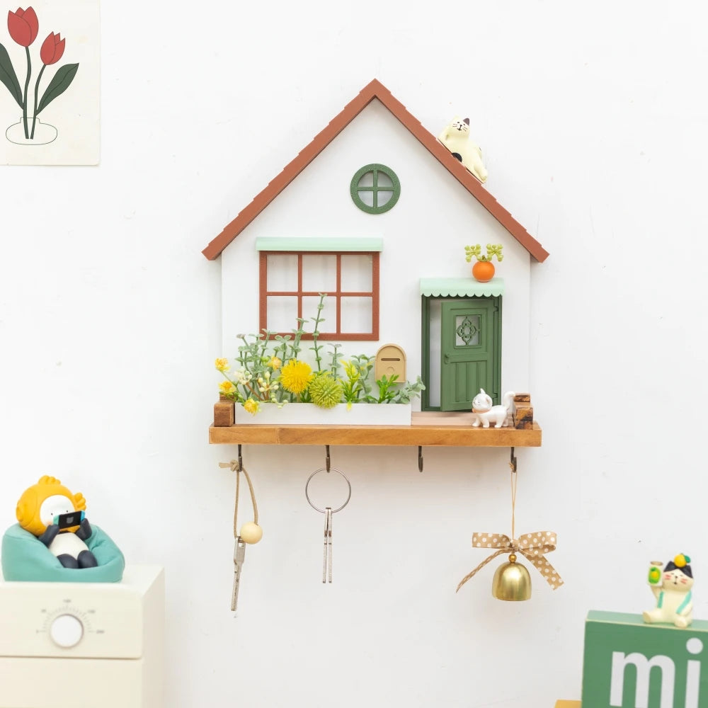 Home Village Wooden Key Holder – Decorative Wall Organizer with Shelves & Hooks