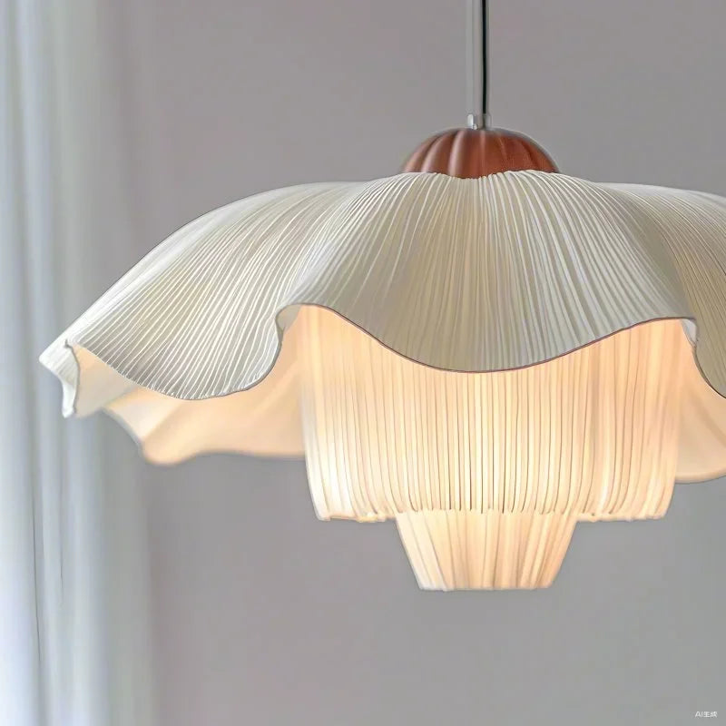 Lunara Pleated Fabric Pendant Light – White Sculpted Wave Shade with Soft Ambient Glow