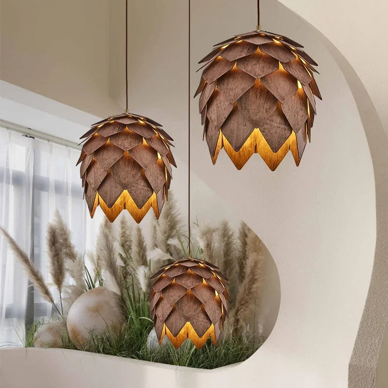 Wooden Pine Cone Pendant Light