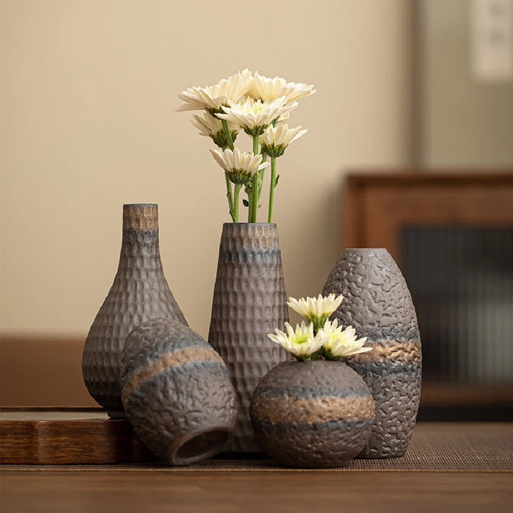 Terra Ridge Textured Ceramic Vase – Sculptural Stoneware Accent Vases in Earth Tones