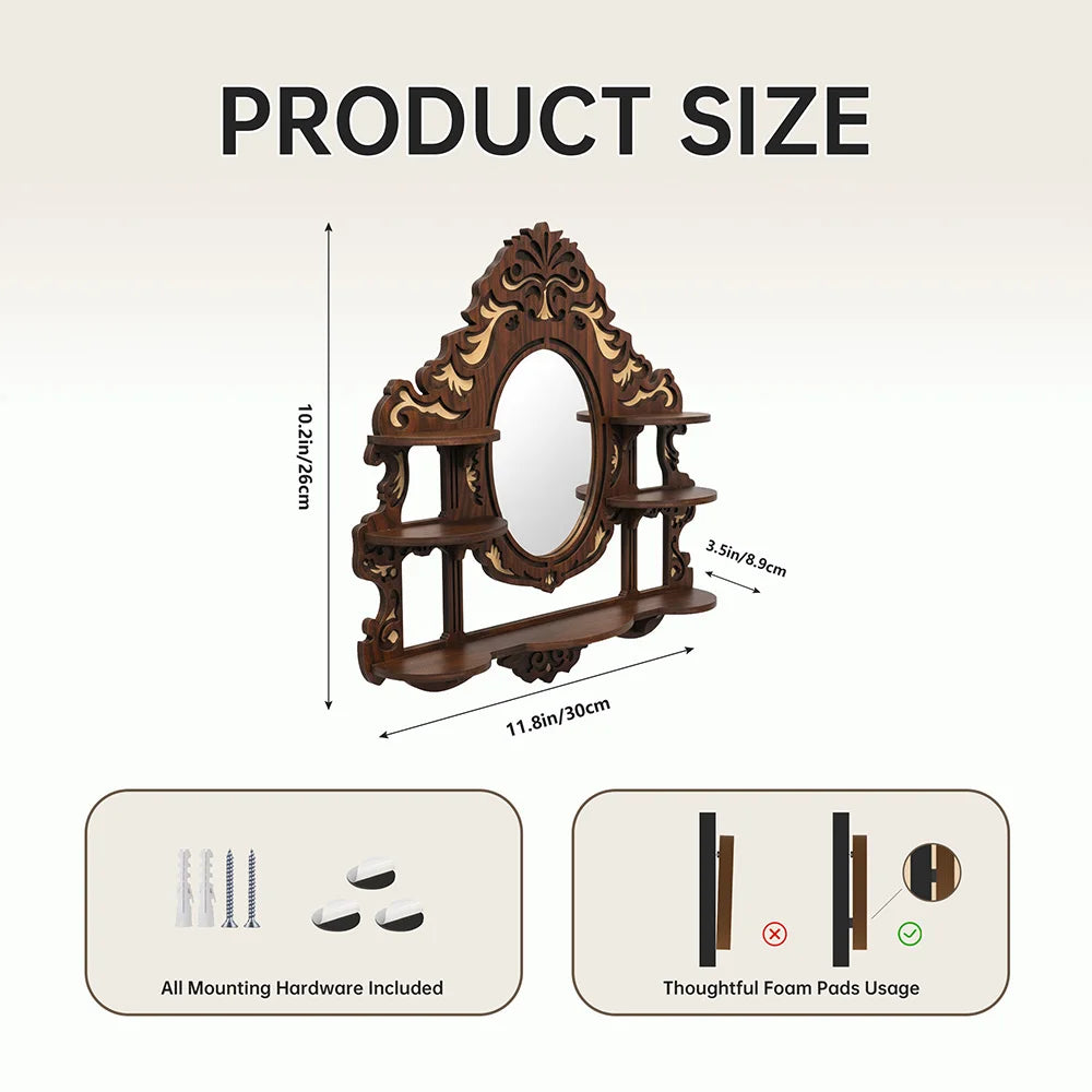 Arcana Carved Wood Wall Shelf with Oval Mirror and Multi-Tier Display Ledges
