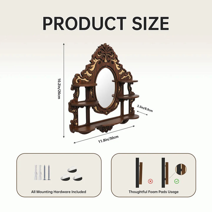 Arcana Carved Wood Wall Shelf with Oval Mirror and Multi-Tier Display Ledges