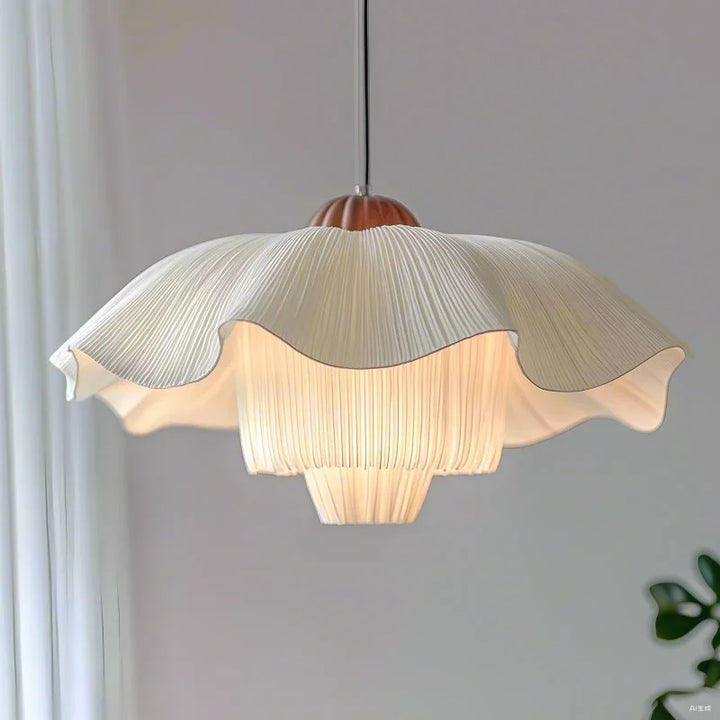 Lunara Pleated Fabric Pendant Light – White Sculpted Wave Shade with Soft Ambient Glow