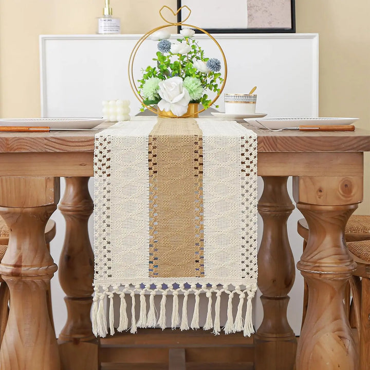 Harvest Stripe Runner – Boho Linen Table Runner with Tassels